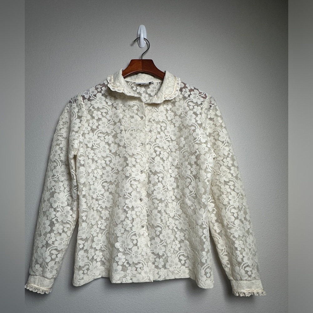Vtg Lace Blouse Womens Large Sunny South Fashions Dallas Beige Ruffle Orig Tags